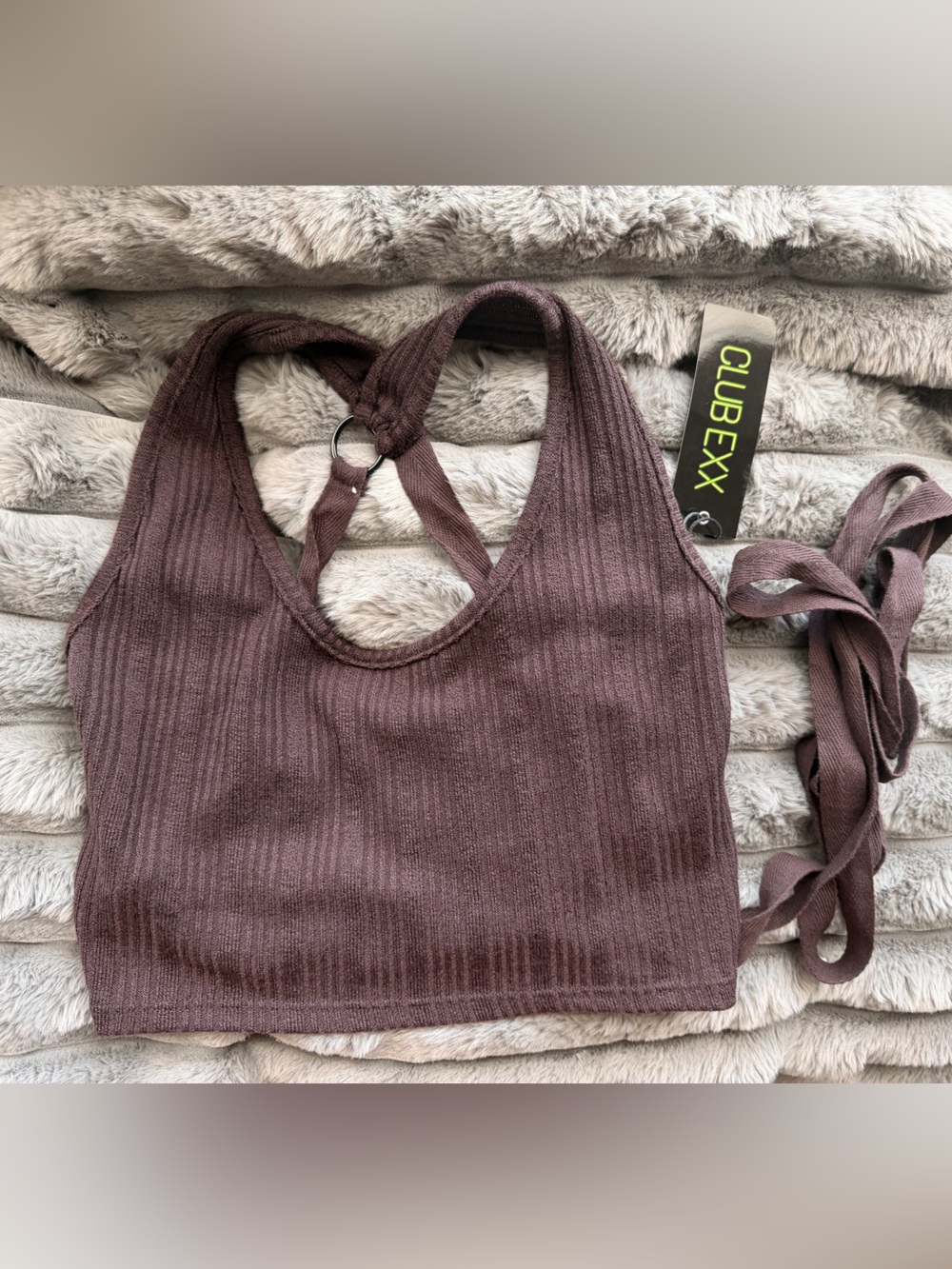 Club Exx Brown Ribbed Halter Crop Top